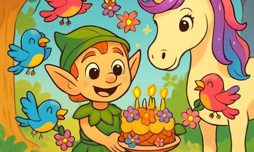 Flif, um pequeno elfo de pele luminosa e grandes orelhas pontudas, está no centro da imagem, com um sorriso radiante e olhos brilhando de excitação. Ele usa uma túnica de folhas verdes e calças de casca, segurando um bolo de néctar decorado com flores coloridas. Ao lado dele, um majestoso unicórnio com crina cintilante e um carvalho dourado está presente, com olhos brilhantes de benevolência, enquanto faz aparecer estrelas cadentes com seu carvalho. Um grupo de pequenos pássaros coloridos, com penas brilhantes, voa ao redor, cantando alegremente e trazendo guirlandas de flores. A cena ocorre em uma clareira encantada, cercada por árvores de troncos prateados e flores multicoloridas que dançam ao vento. Raios de sol filtram através das folhas, criando uma atmosfera mágica e acolhedora. Flif está prestes a soprar as velas de seu bolo de aniversário, enquanto seus amigos o cercam, ansiosos e alegres, prontos para celebrar este momento especial.