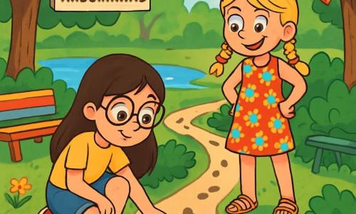 Há 2 personagens principais: - Sofia: uma menina de 9 anos, com longos cabelos castanhos e óculos redondos. Ela usa uma camiseta amarela e um short de jeans. Ela está agachada, examinando uma pedra brilhante no chão. - Clara: uma menina de 9 anos, com cabelos loiros trançados e um sorriso travesso. Ela usa um vestido florido e sandálias. Ela está em pé ao lado de Sofia, com as mãos na cintura, olhando curiosamente para o caminho misterioso. O local da situação principal é o Parque das Andorinhas, um lugar verdejante com grandes árvores de folhas luxuriantes, flores coloridas espalhadas pelo chão e um pequeno lago cintilante ao longe. Bancos de madeira pintados em cores vivas estão espalhados, e um caminho sinuoso é ladeado por arbustos densos. A situação principal da história mostra Sofia e Clara descobrindo um caminho secreto no parque, com marcas de pegadas intrigantes no chão e uma fita vermelha flutuando ao vento, criando uma atmosfera de aventura e mistério.