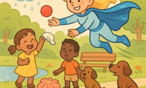 O supereroină zâmbitoare, piele deschisă, păr lung blond prins în mișcare, poartă o pelerină albastră strălucitoare și o costum ușor, plutește deasupra solului întinzând mâna pentru a da o bilă roșie; alături, un băiat de 6 ani cu păr șaten scurt, cu fața uimită ține lesa unui câine brun și privește de după o bancă în dreapta, o fetiță de 4 ani cu părul brun în două cozi, într-o rochie galbenă, râde arătând o șapcă albă pe care supereroina tocmai i-a returnat lângă marginea unui mic lac în stânga, iar un câine mic pătat stă sub o floare mare roz ca umbreluță; deasupra plutind un nor pufoșel albastru-roz care scutură picături strălucitoare; parc luminos cu iarbă verde, copaci rotunzi, flori multicolore și potecă din pietre; atmosfera e blândă, luminoasă și prietenoasă, copiii aplaudând.