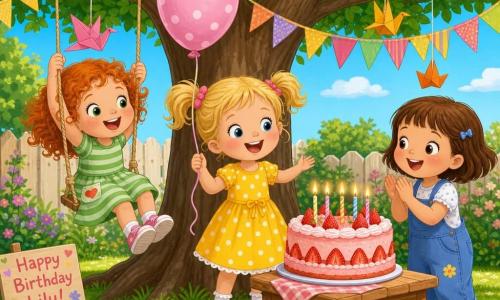 Three 3-year-old girls celebrate a birthday in a sunny backyard garden: Lily (blonde pigtails, yellow polka-dot dress) stands center holding a pink balloon; Rosie (curly red hair, green striped dress) is left, hanging from a swing branch with a suspended origami bird; Mia (short brown hair, blue overalls) is right, clapping at a large slice of strawberry cake on a small wooden table; a large leafy tree decorated with paper garlands and colorful origamis, red and blue flowers, and a clear blue sky complete the scene.