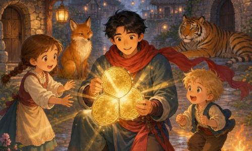 A gentle-faced man (Joon) with bright eyes and smooth black hair, wearing a flowing red scarf, delicately holds three assembled mirror shards glowing with golden light; to his left a laughing 8-year-old girl with brown pigtails reaches for the light near a small stone house, to his right a surprised 6-year-old blond boy jumps near a low campfire; behind Joon a calm golden fox with amber eyes sits on a rock and, further back near a stone door, a benevolent old orange-and-black striped tiger lies down; setting: a sloping village square with small wooden thatched houses, wet cobbles, hanging lanterns and light mist at dusk; main action: Joon assembles the mirror and warm golden beams disperse the mist, illuminating villagers' faces in a magical, soothing atmosphere; style: soft lines, saturated pastel colors, watercolor paper textures, readable friendly expressions, composition centered on Joon and the mirror.