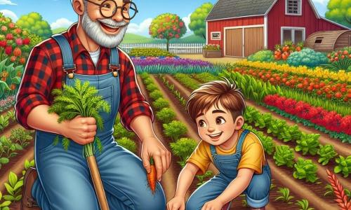 Ein etwa fünfzigjähriger Landwirt mit grauem Bart und runden Brillen lächelt fröhlich, während er Karottensamen in einem großen Garten pflanzt. Er trägt ein rotes Karomusterhemd und eine blaue Latzhose, seine Hände sind voller Erde, was sein Engagement und seine Leidenschaft für die Gartenarbeit zeigt. Neben ihm arbeitet ein zehnjähriger Junge mit zerzausten braunen Haaren und neugierigen Augen mit einer kleinen Schaufel, um Löcher für die Samen zu graben. Er trägt ein gelbes T-Shirt und eine Jeansshorts und lacht, während er den Landwirt ansieht, und teilt diesen Moment der Freude und des Lernens. Der Ort ist ein weitläufiger sonniger Garten, umgeben von bunten Gemüsebeeten, mit leuchtenden Blumen, die im Wind tanzen. Im Hintergrund sieht man eine alte rote Holzscheune und Obstbäume, die mit reifen Früchten beladen sind. Die Hauptsituation zeigt den Landwirt und den Jungen, die gemeinsam Karotten pflanzen, unter einem klaren blauen Himmel, während weiße Wolken sanft dahingleiten. Die Atmosphäre ist fröhlich und energiegeladen und symbolisiert die Liebe zur Natur und die Freude an der gemeinsamen Arbeit.