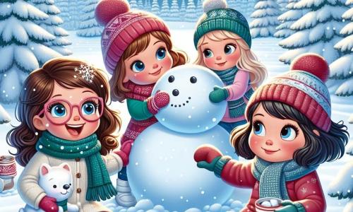 Vier neunjährige Mädchen, Mia, Leni, Sara und Emma, sind in einer zauberhaften Winterlandschaft versammelt. Mia, mit braunen Haaren und Brille, lächelt fröhlich und hält eine große Schneeball. Leni, mit lockigem blonden Haar, rollt einen weiteren großen Schneemann, ihr Gesicht strahlt vor Aufregung. Sara, mit kastanienbraunen Haaren und einem roten Schal, beobachtet aufmerksam und ist bereit, Steine für die Augen hinzuzufügen. Emma, mit glatten schwarzen Haaren, sitzt auf einer Holzbank und trinkt heiße Schokolade, ihre Wangen sind vom Kälte gerötet. Die Kulisse ist eine wunderschöne Winterlandschaft: majestätische Tannen, bedeckt mit funkelndem Schnee, erheben sich um sie herum, während der klare blaue Himmel am Horizont rosa gefärbt ist. Sanfte Schneeflocken fallen und schaffen eine magische Atmosphäre. Die Mädchen bauen einen Schneemann, lachen und haben Spaß zusammen, während eine Nordlichter den Himmel erleuchten und dieser fröhlichen Winterszene einen Hauch von Magie verleihen.