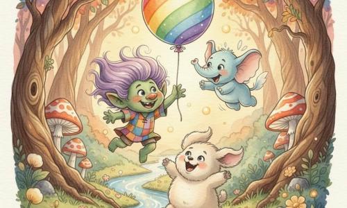 Der kleine Troll Zog, fröhlich und schelmisch mit zarter grüner Haut, violetten Locken und bunter Patchworktunika, springt nach einem großen Regenbogenballon; rechts hilft Flitzi, ein blassblaues fliegendes Elefantenkind mit durchsichtigen Flügeln, indem es darüber mit den Flügeln schlägt, und vor ihnen hüpft der cremefarbene, plüschige Wuffel bellend dem Ballon entgegen; die Szene spielt im Farbenwald mit verdrehten Bäumen und bunten Blättern, gestreiften Riesenpilzen, funkelndem Bach, Glühwürmchen und leuchtenden Blumen, dynamische Komposition bei warmem Spätnachmittagslicht in lebendigen, aquarelligen Tönen mit feinen weißen Kontur- und Lichtakzenten.