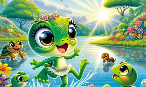 Uma pequena rã chamada Lili, com pele verde brilhante e grandes olhos redondos e curiosos, salta alegremente perto de uma linda lagoa, com um sorriso radiante no rosto. Ao seu lado, um sapo chamado Zé, com pele marrom e manchas amarelas, observa Lili com um olhar intrigado, pronto para saltar. Um pouco mais adiante, uma tartaruga chamada Tita, com uma carapaça verde e olhos travessos, se move lentamente, assistindo ao espetáculo com um sorriso divertido. Ao fundo, um pequeno pássaro colorido, Pipo, voa acima da cena, suas asas vibrantes adicionando um toque de cor ao céu azul. A cena acontece à beira de uma lagoa cercada por flores brilhantes e grandes árvores, onde o sol brilha e os reflexos na água criam uma atmosfera mágica. Lili descobre uma caixa dourada flutuando na água, cheia de mistério e emoção, cercada por seus amigos que se aproximam com curiosidade.