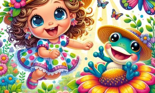 Uma menina de 4 anos, Lila, com grandes olhos brilhantes e cabelos cacheados, usa um vestido colorido de bolinhas e sorri radiante. Ela pula de alegria em um jardim mágico, cercada por flores multicoloridas que exalam fumaça colorida. Ao seu lado, o Sapo Zé, um sapo azul com grandes olhos redondos e óculos, usa um chapéu de palha e ri enquanto salta sobre uma flor, provocando uma explosão de cores. A cena acontece em um jardim encantado, repleto de flores gigantes com pétalas vibrantes, borboletas dançantes e uma suave luz dourada que ilumina tudo. Lila e o Sapo Zé se divertem pulando em flores mágicas, criando uma festa de cores e risos, enquanto uma grande borboleta colorida, Bia, se junta a eles, acrescentando ainda mais magia ao momento.