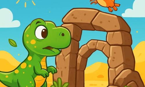 Un Tyrannosaurus Rex drăguț și curios, cu pielea verde și pete galbene, stă în fața unei mari porți de piatră, cu ochii mari de uimire. Corpul său mic este ușor înclinat înainte, ca și cum ar fi pe cale să facă un pas înainte. Aproape, un pterodactil cu aripi colorate zboară pe cerul albastru, observând scena cu curiozitate. Decorul este un deșert de dune aurii, presărat cu ferigi verzi și stânci aspre, sub un soare strălucitor. Tiro, Tyrannosaurus, ezită să treacă prin poarta misterioasă, întrebându-se ce se ascunde dincolo, în timp ce vântul ușor face să danseze frunzele din jurul său.