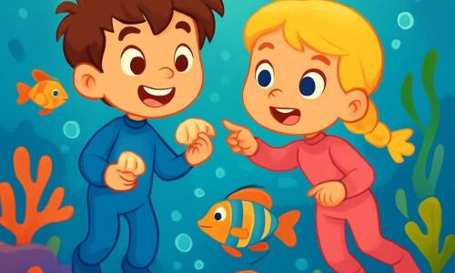 Há 2 personagens principais: Léo, um menino de 7 anos com cabelos castanhos bagunçados, vestindo um traje de mergulho azul, sorrindo e segurando uma concha na mão, olhando ao redor com admiração; e Sofia, uma menina de 7 anos com cabelos loiros trançados, usando um traje de mergulho rosa, apontando para um peixe colorido que nada perto deles, com os olhos brilhando de curiosidade. O cenário é uma piscina natural subaquática, cercada por corais coloridos e peixes exóticos. Bolhas de ar flutuam ao redor e a luz do sol filtra pela água, criando reflexos cintilantes na areia dourada do fundo. A situação principal mostra Léo e Sofia maravilhados, descobrindo um mundo subaquático mágico, rodeados por criaturas marinhas amigáveis, prontos para começar sua aventura em busca do tesouro do Reino Submarino.