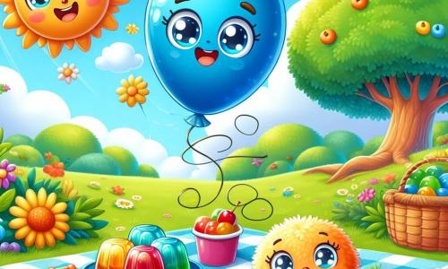 An illustration depicts a smiling blue balloon joyfully floating in the air, with sparkling eyes and a bright smile. It is surrounded by vibrant colors and appears very excited, ready to celebrate a special occasion. Next to it, a round, puffy red balloon with gentle eyes and a warm smile looks at its son with pride and affection, slightly leaning towards the blue balloon to show its love. A little further away, a small paper airplane with colorful wings and a happy face flies around them, adding a dynamic touch to the scene. The main setting is a sunny park filled with lush greenery, colorful flowers, and a large tree where a huge "Happy Father's Day" sign is gently swaying in the wind. Families sit on picnic blankets, laughing and sharing joyful moments. The main situation shows the blue balloon and its father celebrating Father's Day with games, laughter, and treats, surrounded by friends in a festive and joyful atmosphere. Colorful jelly cups are arranged on a tablecloth, and snail race games are happening nearby, adding to the excitement of the day.