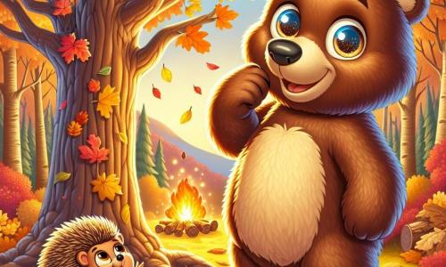 Ein großer brauner Bär mit neugierigen, funkelnden Augen und einem warmen Lächeln steht inmitten eines herbstlichen Waldes, umgeben von goldenen und roten Blättern, die sanft um ihn herum fallen. Er schaut mit Staunen auf eine majestätische Eiche, deren Äste mit leuchtenden Farben beladen sind. Neben ihm ist ein kleiner Igel mit weichen, runden Stacheln und strahlenden Augen, der fröhlich bunte Blätter aufsammelt und dabei lächelt und lacht. Der Boden ist mit einem Teppich aus knusprigen Blättern bedeckt, und die Sonnenstrahlen filtern durch die Äste, wodurch ein Spiel aus Schatten und goldenem Licht entsteht. Die Hauptsituation zeigt den Bären und den Igel, die einen Moment der Entdeckung und Freude teilen und die Schönheit der Natur im Herbst bewundern, während sie sich darauf vorbereiten, Geschichten am nahegelegenen knisternden Lagerfeuer zu erzählen.