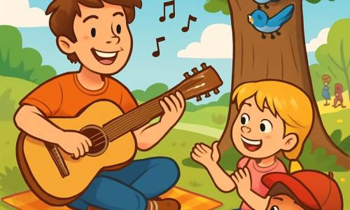 Ein Mann namens Lukas mit zerzausten braunen Haaren und funkelnden Augen spielt Gitarre unter einem großen Baum. Sein strahlendes Lächeln zeigt seine Begeisterung und Leidenschaft für die Musik. Um ihn herum sitzen mehrere Kinder auf bunten Decken. Ein 8-jähriges Mädchen mit langen blonden Zöpfen und leuchtenden Augen klatscht im Takt. Ein 7-jähriger Junge mit einer roten Mütze und einem neugierigen Gesicht hebt die Hand, um eine Frage zu stellen, und schaut Lukas bewundernd an. Der Ort ist ein sonniger Park, voller Grün mit bunten Blumen, die im Wind tanzen. Familien spazieren im Hintergrund, und Vögel singen in den Bäumen. Die Hauptsituation zeigt Lukas, der den Kindern beibringt, wie man gemeinsam ein Lied kreiert, während alle von der Magie der Musik gefesselt sind und fröhliche Lächeln und Lachen teilen.