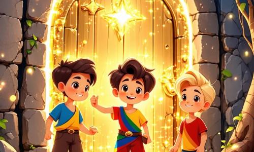 El Petit Poucet, un niño de cabello castaño y ojos llenos de curiosidad, se encuentra frente a una puerta dorada brillante, con una gran sonrisa en su rostro. Lleva una túnica colorida y pantalones cortos, y parece listo para entrar en un mundo mágico. A su lado, sus dos hermanos, uno de 8 años con cabello rubio y mirada decidida, y el otro de 6 años, con rizos marrones y expresión asombrada, miran la puerta con emoción. Están vestidos con ropa simple pero colorida, tomados de la mano, unidos en su aventura. El lugar es un bosque encantado, donde los árboles son de cristal brillante y flores multicolores crecen en cada rincón. Rayos de luz atraviesan el follaje, creando patrones luminosos en el suelo, mientras un arroyo de aguas brillantes serpentea por el paisaje. La situación principal muestra al Petit Poucet y sus hermanos, listos para cruzar la puerta dorada que los llevará a una tierra mágica, llena de animales parlantes y maravillas, simbolizando el inicio de su gran aventura para salvar el mundo de cristal.