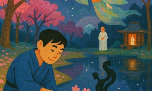 Un hombre llamado Haruki de rostro suave y mirada concentrada sonríe levemente mientras sumerge una pequeña rama de cerezo en flor en el lago; un anciano en kimono blanco observa desde el borde del templo al fondo con las manos juntas y mirada benigna; un espíritu del bosque no humano, translúcido y con kimono colorido, flota sobre el lago señalando con el brazo y con velos como washi; claro de bosque japonés al crepúsculo, suelo cubierto de pétalos rosas, cerezos en flor, lago espejo que refleja las estrellas y un pequeño templo de madera a lo lejos; la rama toca la superficie y una sombra negra en forma de bailarín asciende como humo, con movimientos fluidos y pequeñas ondas alrededor de la rama.