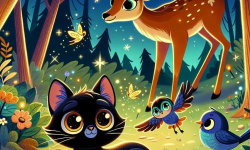 Un gato negro llamado Félix, con un pelaje brillante y ojos centelleantes como estrellas, se encuentra en el centro de la escena, mostrando una expresión de determinación y asombro. Está rodeado de animales del Bosque Encantado, incluyendo un majestuoso ciervo llamado Cedro, con un pelaje marrón dorado y cuernos elegantes, que mira a Félix con admiración, y una ardilla traviesa, con ojos chispeantes, que salta alegremente a su lado. El escenario es un claro encantado, bañado por la luz de la luna, donde árboles con hojas brillantes se inclinan suavemente, creando una atmósfera mágica. Flores coloridas y luciérnagas bailan a su alrededor, añadiendo belleza al lugar. La situación principal muestra a Félix, Cedro y la ardilla unidos, listos para partir en una aventura en busca de la misteriosa Fuente de la Luz, simbolizando la amistad y el coraje ante lo desconocido.