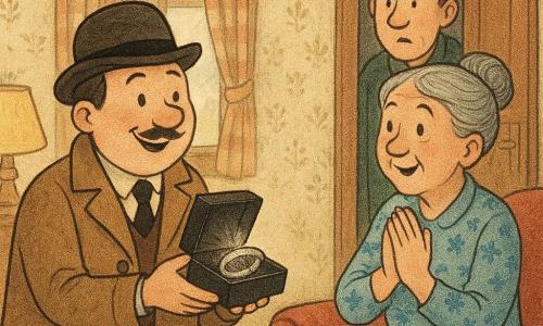 Een glimlachende detective (Tom), rond gezicht en fijne snor, in lichtbruin mantel en scheef bolhoed, houdt een open doos met een zacht glanzende zilveren armband. Mevrouw Jansen, circa 60, grijs haar in een knot, lichtblauwe bloemenjurk, verwelkomt hem verbaasd en blij met handen bij het hart, links bij een fauteuil. Meneer De Vries, circa 50, verlegen buurman met licht rood gezicht en donkergroene trui, staat schuchter achter een open deur rechts. Gezellig, licht ouderwets woonkamerinterieur: crème behang, versleten rood tapijt, gele lamp op houten tafel, ruiten met geruite gordijnen en ochtendlicht. Krappe compositie, close-ups, zachte contrasten tussen warme tonen en het zilver van de armband; grafische stijl met licht getextureerde lijnen en licht vervaagde kleuren.