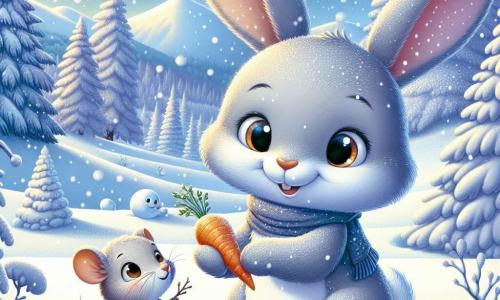 Un giovane coniglio grigio di nome Lino, con grandi orecchie e occhi scintillanti di curiosità, è al centro dell'immagine, sorridente mentre tiene una carota tra le zampe. È circondato da fiocchi di neve che cadono dolcemente, aggiungendo un tocco magico alla scena. Alla sua destra, Tino, un piccolo topo dal pelo marrone chiaro, trema leggermente dal freddo ma mostra un sorriso riconoscente. Tiene un rametto tra le zampe, simbolo del suo aiuto a Lino, e guarda il suo nuovo amico con ammirazione. Sullo sfondo, la foresta di Nevebianca è coperta da uno spesso manto di neve, con alberi maestosi le cui branche sono cariche di brina scintillante sotto la luce del sole invernale. Colline bianche si estendono a perdita d'occhio, creando un paesaggio incantevole. La scena rappresenta Lino e Tino che giocano insieme nella neve, costruendo un pupazzo di neve, mentre risate risuonano nell'aria fresca, illustrando lo spirito di amicizia e solidarietà in questa bella giornata d'inverno.