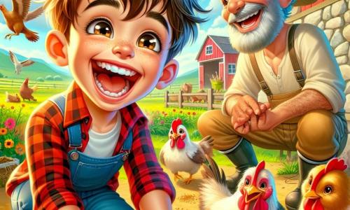 Młody chłopiec o imieniu Jaś, mający około 8 lat, z rozczochranymi brązowymi włosami i dużym radosnym uśmiechem, karmi kury ziarnem. Ma na sobie czerwoną koszulę w kratę i dżinsowe szorty, a jego oczy błyszczą z ekscytacji. Obok niego stoi starszy mężczyzna, Pan Jan, mający około 60 lat, z siwą brodą i słomkowym kapeluszem, który z życzliwym uśmiechem obserwuje Jaśka. Pan Jan jest ubrany w beżową lnianą koszulę i robocze spodnie, trzymając w jednej ręce małą łopatkę. Scena rozgrywa się na słonecznej farmie, otoczonej zielonymi polami i kolorowymi kwiatami. W tle widać dużą czerwoną stodołę oraz zwierzęta, takie jak krowy i owce, pasące się spokojnie. Główna sytuacja pokazuje Jaśka, który śmieje się i bawi, karmiąc kury, podczas gdy Pan Jan tłumaczy mu, jak dbać o zwierzęta. Atmosfera jest radosna i ciepła, wypełniona światłem i żywymi kolorami.