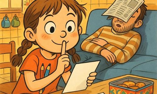 Una bambina di 8 anni dal viso rotondo e due trecce mosse, occhi grandi e maliziosi, espressione gioiosa e concentrata, è in punta di piedi vicino a un tavolino con un dito sulle labbra in gesto di silenzio, tiene un foglio bianco e dei pastelli; il padre Bruno, circa 40 anni, barba nascente e capelli spettinati, è sul divano sullo sfondo con un giornale sul volto come maschera e la bocca socchiusa addormentato, indossa un maglione a righe e pantaloni comodi; sul tavolo barattolo di pasta aperto, scatola di biscotti colorata semiaperta, pila di fogli bianchi, qualche pastello e briciole sparse, luce mattutina calda che crea ombre morbide; la cucina è accogliente con piastrelle vintage, tazze appese e una finestra con tende a fiori; una sedia rovesciata suggerisce movimento recente. Situazione: la bimba prepara in segreto un piccolo regalo improvvisato per la festa del papà, atmosfera complice e divertente, inquadratura e colori vivaci in stile vignetta con linee nette ed espressioni esagerate per umorismo e tenerezza.