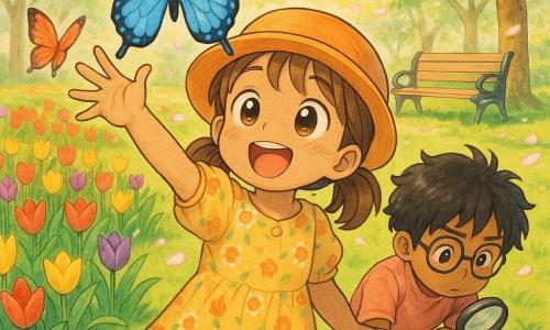 Menina de 8 anos, cabelo castanho em rabo de cavalo duplo, olhos grandes e brilhantes, sorrindo e maravilhada, com chapéu laranja e vestidinho floral, estende a mão para uma nuvem de grandes borboletas coloridas; à direita, um menino de cerca de 8 anos, Tomás, cabelo preto desgrenhado e óculos redondos, agachado, segura uma lupa e observa formigas numa pedra; parque de primavera luminoso com relva verde, canteiros de tulipas vermelhas, amarelas e roxas, árvores floridas com pétalas caindo e caminho de cascalho bege, raios de sol filtrando entre os ramos; cena de descoberta e encanto, paleta clara, contrastes suaves, texturas visíveis e estilo mangá infantil, atmosfera alegre e contemplativa.
