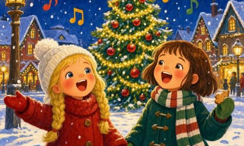 Two girls sing together in a snowy village square at night, holding hands in front of a large Christmas tree decorated with gold garlands, shiny red baubles and a star; Lucy, 6, with blonde hair in two braids, a red wool coat, white pompom hat, red gloves and rosy cheeks sings with her mouth open, standing right, and Mia, 7, with a brown bob, dark green coat, striped scarf, green gloves and a small half-biscuit in her left hand stands to Lucy's left; warm lampposts and lit windows glow around them, thick snow with footprints and falling flakes surround the scene, and golden light from the garlands illuminates their joyful faces as colored musical notes seem to float in the air.