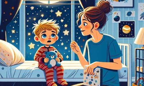 Een 2-jarig jongetje met rommelig blond haar en grote blauwe ogen zit op zijn bed met een bezorgde blik. Hij draagt een gestreepte pyjama in rood en wit en knuffelt zijn knuffel, terwijl hij angstig om zich heen kijkt. Zijn moeder, een vrouw van in de dertig met bruin haar in een knot en een troostende glimlach, zit naast hem. Ze draagt een blauwe t-shirt en comfortabele broek en spreekt zachtjes met hem, terwijl ze de sterren door het raam aanwijst. De scène speelt zich af in een kinderkamer met lichtblauwe muren, posters van planeten en sterren, en een zacht tapijt op de vloer. Het maanlicht valt door de gordijnen en creëert zachte schaduwen en een rustgevende sfeer. Het jongetje is een beetje bang voor de duisternis, maar zijn moeder laat hem de fonkelende sterren buiten zien en legt uit dat ze over hem waken, waardoor zijn angst verandert in verwondering.