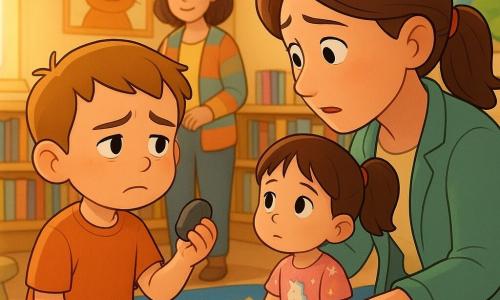 A tender scene in a bright children's library: Leo, a 6-year-old boy with a round face, short light brown hair and soft eyes, slightly flushed and frowning with a calm, conflicted expression (sadness mixed with relief), holds a dark stone and speaks softly to his mother, saying 