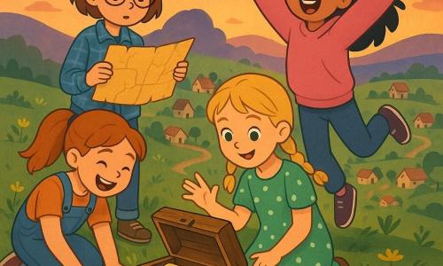Four 10-year-old girls: Lily — blonde with braided hair in a green polka-dot dress, kneeling front-center with her hand lifting the lid of a small wooden chest; Mia — short brown hair, round glasses, blue plaid shirt, standing slightly left behind Lily, holding an aged yellowed map; Aria — long black hair, pink sweatshirt, jumping with arms raised to the right behind Lily, smiling with bright eyes; Zoe — red hair in a ponytail, denim overalls, crouched left of the chest, digging the soil with her hands and laughing. Setting: grassy hilltop at dusk with textured green grass, small yellow wildflowers, a view of a village below and a sparkling stream down the slope, orange-to-violet sky with pink clouds, soft warm light. Main action: the girls discover and open an old wooden chest buried in the ground to reveal a rolled parchment sealed with red wax; expressions of wonder and joy, warm adventurous mood, saturated colors, clean lines and simple shapes in a clear vector style for a children's book.