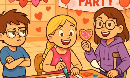 There are three characters: - Milo: a 10-year-old boy with messy brown hair and round glasses. He is wearing a blue t-shirt and jeans, standing with crossed arms and a pouty expression. - Lily: a 10-year-old girl with long braided blonde hair and a bright smile. She is wearing a pink dress with heart patterns and is sitting at a table, decorating a large heart-shaped cookie with colorful icing. - Emma: an 11-year-old girl with brown hair and glasses. She uses crutches and is wearing a purple hoodie. She is next to Lily, smiling, holding a decorated cookie in one hand and a spatula in the other. The setting is a gym decorated for Valentine's Day, with red and pink heart garlands hanging from the ceiling. Tables are covered with colorful candies, paper cards, and festive games. A large sign in the background reads "Valentine's Day Party" with floating balloons. The main scene shows Milo, Lily, and Emma actively decorating cookies for the celebration, surrounded by laughter and joy, with bright colors and paper hearts flying around them.