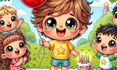 Um menino de 2 anos, chamado João, com cabelos castanhos bagunçados e grandes olhos brilhantes, sorri alegremente segurando um balão vermelho na mão. Ele veste uma camiseta amarela com estrelas e um short azul, e está no centro da imagem, cercado por seus amigos. À sua direita, uma menina de 3 anos, Ana, com cabelos loiros trançados e um vestido rosa de bolinhas, aplaude com entusiasmo. À sua esquerda, um menino de 4 anos, Pedro, com cabelos negros e uma camiseta verde, pula de alegria. A cena ocorre em um parque ensolarado, com árvores verdes e flores coloridas ao redor. Um grande tapete de piquenique está estendido na grama, cheio de frutas e sanduíches, e um bonito bolo de aniversário com velas brilhantes está no centro. A situação principal mostra João, cercado por seus amigos, celebrando seu aniversário com risos, jogos e um delicioso bolo, criando uma atmosfera de felicidade e amizade.