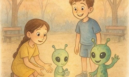 Há quatro personagens: Luísa, menina de ~9 anos, cabelos castanhos em trança, vestido amarelo, agachada à esquerda do círculo de luz com as mãos estendidas e rosto maravilhado; Rafa, menino de ~9 anos, cabelos castanhos curtos, camiseta azul e shorts, à direita de Luísa, recuado, sorrindo; Luno, pequeno extraterrestre de pele verde-pálida texturizada, grandes olhos negros brilhantes e antenas curtas, flutuando diante de Luísa com um aparelho luminoso; Zira, pequena extraterrestre de pele verde-escura com manchas turquesa e grande sorriso, à direita de Luno com a mão levantada em gesto amigável. Local: antiga praça de estacionamento ao entardecer, chão de areia dourada, alguns bancos de madeira ao fundo, árvores que filtram o pôr do sol laranja-rosado, pedras formando um padrão circular luminoso no centro. Situação: as crianças descobrem um círculo de luz no chão e encontram dois pequenos extraterrestres que emergem de um feixe luminoso; cena calma e acolhedora, cores suaves e atmosfera de curiosidade e encanto.