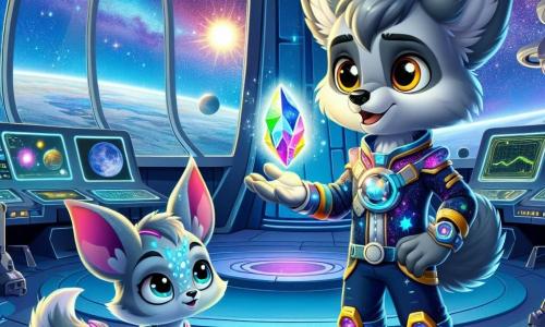 Lupo, un pequeño lobo espacial de pelo gris y ojos brillantes de curiosidad, está en el centro de la escena, con una sonrisa maravillada en el rostro. Lleva un traje espacial colorido con patrones de estrellas y planetas, y mira con fascinación a una criatura extraterrestre. A su lado, Zyn, un Zorbiano de grandes orejas y piel azulada brillante, le muestra un cristal luminoso que brilla en su mano. Su rostro expresa alegría y emoción, y lleva un traje futurista que cambia de color con cada movimiento. La escena se desarrolla en un observatorio espacioso, lleno de ventanas que ofrecen una vista espectacular de un cielo estrellado y un vasto espacio intergaláctico. Lupo y Zyn, unidos por su amistad, exploran juntos las maravillas del universo, compartiendo risas y descubrimientos en este momento mágico de encuentro intergaláctico.