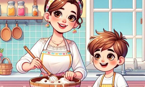 Chef Maria, o femeie zâmbitoare de aproximativ 35 de ani, cu părul brun prins într-un coc și un sort colorat, amestecă ingrediente într-un bol mare din lemn, fața ei strălucind de bucurie și pasiune pentru gătit. Lângă ea, Andrei, un băiat de 8 ani cu ochi strălucitori și părul castaniu în dezordine, observă cu uimire, ținând o lingură de lemn, gata să o ajute. Scena se desfășoară într-o bucătărie caldă și primitoare, cu pereți vopsiți în galben pastel, rafturi pline cu borcane de condimente colorate și feronerie care lasă lumina soarelui să intre, iluminând un blat din marmură unde sunt așezate fructe proaspete și ingrediente variate. În această ilustrație, Chef Maria și Andrei pregătesc împreună o prăjitură delicioasă, creând o atmosferă de complicitate și fericire, înconjurați de aroma dulce care umple camera.