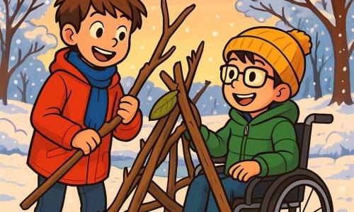 Hay 2 personajes principales: Mateo, un niño de 9 años con cabello castaño despeinado, que lleva un abrigo rojo brillante y una bufanda azul, alegre y sonriente, sosteniendo una rama para construir un fuerte; y Diego, un niño de 9 años con cabello negro y gafas, sentado en su silla de ruedas, que lleva un gorro amarillo y un chaleco verde, sonriendo y mirando a Mateo con entusiasmo. La escena se desarrolla en un parque invernal cubierto de una gruesa capa de nieve brillante bajo un cielo rosa y naranja al atardecer, rodeado de árboles con ramas cargadas de nieve y un pequeño arroyo helado que fluye lentamente. La situación principal muestra a Mateo y Diego construyendo un fuerte con ramas y hojas, riendo y divirtiéndose juntos, mientras copos de nieve caen suavemente a su alrededor, creando una atmósfera mágica y cálida.