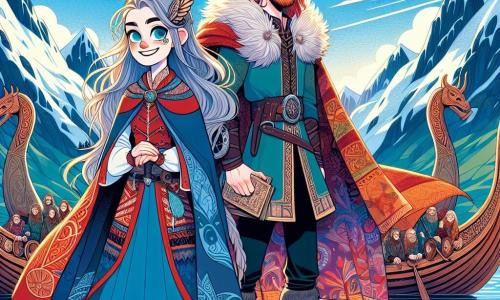 Een jonge vrouw genaamd Eira, met lang zilverachtig haar, staat trots op het dek van een drakkar, haar gezicht verlicht door een gloed van opwinding en vastberadenheid. Ze draagt een blauwe wollen tuniek versierd met Vikingmotieven, en haar ogen stralen avontuur uit. Naast haar staat Loki, een man met stralend rood haar en een ongeregelde baard, die ondeugend glimlacht, gekleed in een kleurrijke cape die schittert in de zon, terwijl hij een oude kaart in zijn hand houdt. De achtergrond is een majestueuze fjord, met steile bergen met besneeuwde toppen die weerspiegelen in het kalme, kristalheldere water, terwijl pluizige wolken drijven in een stralend blauwe lucht. De drakkar, versierd met gesculpteerde drakenhoofden, glijdt zachtjes over het water, omgeven door lichte mist die een vleugje mysterie aan de scène toevoegt. Eira en Loki bereiden zich voor om naar een nieuwe horizon te zeilen, hun harten kloppend van opwinding, klaar om de geheimen te ontdekken die de zee voor hen in petto heeft.
