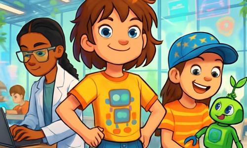 There are 3 characters: Lila: an 11-year-old girl with messy brown hair and bright blue eyes. She wears a colorful t-shirt with a robot design and denim shorts. She stands in the center, hands on hips, full of determination. Ava: an 11-year-old girl, tall with long braided hair. She wears a white lab coat and safety goggles. She is slightly behind, leaning over a laptop, focused on coding. Jasmine: an 11-year-old girl, small with a star-patterned cap. She wears a striped t-shirt and leggings. She stands to the right of Lila, holding a model of EcoPal, with a big smile on her face. The main setting is the Techno-Sandbox, a futuristic space filled with shiny machines and floating drones. Glass walls let in sunlight, illuminating work tables where children are busy building robots. Green plants climb the walls, and colorful holograms float in the air, displaying information about ongoing projects. The main situation shows Lila, Ava, and Jasmine presenting their invention, EcoPal, an eco-friendly robot. Lila controls the robot with a tablet while Ava and Jasmine cheer her on. A crowd of children and adults around them is captivated, applauding and marveling at EcoPal's abilities to pick up trash and plant seeds in the ground.