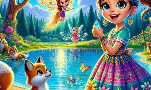 Una niña de 9 años, Lucía, está al borde de un lago de aguas cristalinas, con los ojos brillantes de emoción y curiosidad. Tiene el cabello largo y castaño, recogido en una coleta, y lleva un vestido colorido adornado con flores. Lucía sostiene en sus manos una piedra mágica brillante, con una sonrisa maravillada en su rostro. A su lado, un pequeño zorro dorado llamado Tilo, con un pelaje radiante y ojos traviesos, observa el lago con admiración. Un poco más lejos, un delicado ser feérico, Lila, con alas translúcidas brillantes, vuela a su alrededor, dejando una estela de luz colorida. El escenario es un hermoso claro rodeado de grandes árboles de hojas verdes brillantes, donde crecen flores multicolores. El cielo es de un azul profundo, salpicado de nubes blancas y esponjosas, y el sol brilla, iluminando la escena con una suave luz dorada. La situación principal muestra a Lucía, Tilo y Lila reunidos junto al lago, listos para usar las piedras mágicas y restaurar la magia del Bosque de Zafir, con un ambiente de aventura y misterio en el aire.