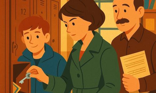 Vrouwelijke detective ~28, geconcentreerde vriendelijke blik, kort kastanjebruin haar, kaki jas, houdt een klein zilveren sleuteltje en opent een oud houten kluisje; jongen Aram ~16, verlegen blozend gezicht, te grote blauwe jas, licht achteraan links met handen in zakken, opgelucht en verrast; mannelijke leraar ~45, zachte snor, bruine blouse, rechts met een map bladmuziek, meelevend; locatie: smal gangetje van een oude houten muziekschool met een rij versleten kluisjes met afgebladderde nummers, warme gele lichtstrepen door een beslagen raam en rommelige opgerolde kleurrijke posters op een plank; hoofdactie: de detective opent een kluisje vol opgevouwen posters en vindt een kleine foto, iedereen kijkt naar de vondst; heldere compositie, grote kleurvlakken, zachte contrasten, leesbare gezichten en positieve emoties.