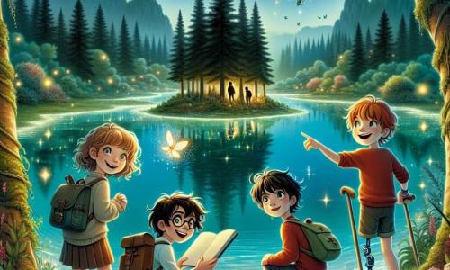 In una radiosa radura di un bosco incantato, quattro bambini si trovano sulla riva di un lago cristallino. Marco, un ragazzo di 10 anni con i capelli castani e gli occhi pieni di curiosità, tiene un taccuino e osserva meravigliato il riflesso delle stelle nell'acqua. Accanto a lui, Giulia, una ragazza di 9 anni con capelli ricci e un sorriso radioso, indica una piccola creatura luminosa che vola vicino a loro. Un po' indietro, Alessandro, un ragazzo di 11 anni con occhiali rotondi e capelli castani, osserva attentamente il paesaggio con le braccia incrociate, mentre Luca, un ragazzo di 10 anni con una protesi alla gamba, sorride con determinazione, pronto ad avventurarsi verso l'isola misteriosa al centro del lago. Il lago è circondato da alberi maestosi con tronchi spessi, le cui foglie brillano sotto la luce della luna. Fiori colorati bordano la riva e le lucciole danzano nell'aria, creando un'atmosfera magica. In lontananza, un'isola misteriosa emerge dalle acque, coperta di vegetazione e di un antico tempio in rovina, invitando i bambini a esplorare i suoi segreti. I bambini, meravigliati, si preparano a imbarcarsi sulla schiena di una grande tartaruga che li condurrà verso l'isola, determinati a scoprire le meraviglie e i misteri di questo mondo incantato.