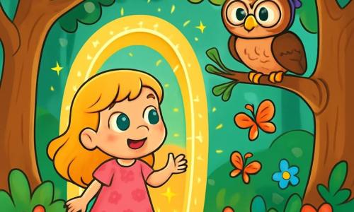 Una bambina di 6 anni, di nome Lily, con capelli dorati che brillano al sole e grandi occhi blu pieni di meraviglia, si trova davanti a un portale scintillante. Indossa un vestito rosa con motivi floreali e un sorriso radioso, esprimendo curiosità ed eccitazione. Un gufo saggio, con un cappello viola e occhiali rotondi, è posato su un ramo vicino, osservando Lily con uno sguardo amichevole e malizioso, pronto a darle consigli per questa nuova avventura. La scena è ambientata in una foresta incantata, con alberi maestosi dai tronchi contorti che si ergono verso il cielo, le loro foglie brillanti danzano nel vento. Fiori colorati dai petali vivaci coprono il terreno e farfalle multicolori volano intorno, aggiungendo un tocco di magia all'atmosfera. Lily, incuriosita, si avvicina al portale luminoso, pronta a fare il primo passo in un mondo pieno di meraviglie e avventure.