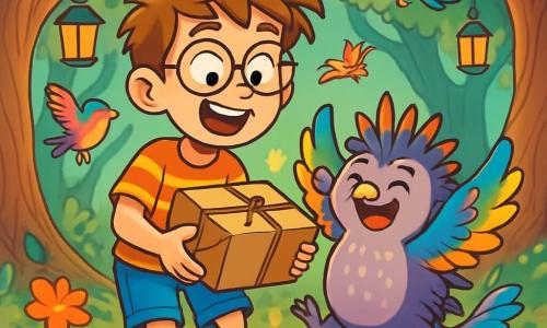 A 12-year-old boy, Max, with messy hair and slightly crooked glasses, displays an expression of wonder and excitement. He wears a striped t-shirt and denim shorts, holding a mysterious package in his hands, ready to open it. Next to him, Percy, a hedgewynx with colorful wings and amusing spikes, dances joyfully, wearing a big smile. Their paws rest on a ground covered with multicolored leaves and bright flowers. 

The scene takes place in an enchanted forest, where trees with twisted trunks rise majestically, their branches adorned with sparkling lanterns. Fantastic creatures, like birds with shimmering feathers, fly around them, adding a touch of magic to the environment. 

Max and Percy are at the center of a scene where they have just emerged from a singing trap, surrounded by laughter and vibrant colors, ready to continue their adventure.