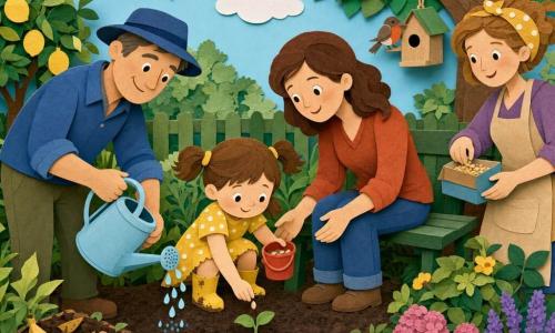 A joyful, focused 4-year-old with brown pigtails in a yellow polka-dot dress and muddy yellow boots plants a tiny sunflower seed in rich brown soil holding a small red bucket; her smiling mother (≈32) with loose chestnut hair sits on a green bench, hands ready to help; neighbor Pete (≈45) in a blue hat gently waters the sprout with a light-blue watering can to the left; neighbor Lila the baker (≈33) in a beige apron stands to the right holding bird crumbs near a birdhouse; the small lush garden has compost, a lemon tree, colorful flowers, bees and earthworms under a soft sunny blue sky, warm colors and a reassuring collaborative atmosphere.