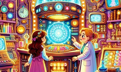 Ein 10-jähriges Mädchen, Mia, mit langen braunen Haaren und neugierigen Augen, steht vor einer großen futuristischen Maschine, der "Zeitkapsel". Sie hat ein erstauntes Lächeln im Gesicht, ihre Arme sind erhoben vor Aufregung, bereit für ein unglaubliches Abenteuer. Neben ihr steht Anna, eine etwa 25-jährige Frau mit blonden Haaren und einem weißen Kittel, die ihr die Knöpfe der Maschine zeigt, mit einem ermutigenden und freundlichen Ausdruck. Der Hintergrund ist ein farbenfrohes Labor, gefüllt mit seltsamen Gadgets, blinkenden Lichtern und Bildschirmen, die Szenen aus verschiedenen Epochen zeigen. Regale sind mit alten Büchern und geheimnisvollen Objekten gefüllt, was eine magische und faszinierende Atmosphäre schafft. Die Hauptsituation zeigt Mia und Anna, die sich darauf vorbereiten, in die Zeitmaschine einzutreten, während um sie herum Lichtblitze funkeln, die die bevorstehende Reise symbolisieren.