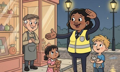 Female police officer with a round smiling face and reassuring expression, wearing a bright fluorescent yellow vest and a silver badge, extending her hand to help and making a welcoming gesture; a 4-year-old girl in a pink polka-dot dress, teary-eyed but hopeful, holding a stuffed toy and looking at the officer; a 7-year-old boy with tousled hair in a blue t-shirt holding a gray tabby kitten, standing slightly behind the girl; an elderly shopkeeper around 65 in a flat cap and apron smiling from the entrance of a small shop to the left; cobblestone street at night with warm yellow lampposts, pastel shop windows with glossy reflections, a dark blue starry sky and reflective puddles, smooth sidewalk and simple welcoming decor; main scene: the officer reassures the girl and gently guides the children toward the shop with broad clear gestures, calm atmosphere, soft colors and warm contrasts, composition focused on trust.
