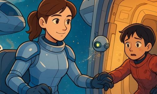 The lead pilot is a calm, focused woman with soft features, brown hair in a ponytail, wearing a silver spacesuit with blue highlights; gloved hands rest on a cockpit joystick as she smiles determinedly. The rescued younger pilot, trembling but relieved with short black hair and a damaged red suit, is being helped through the Starling's airlock. A small round silver robot with a green eye floats between the ships, stabilizing them and leaving sparkling particle trails. The scene takes place in the heart of the Lira galaxy: blue and gold gas clouds, twinkling stars, glinting ice fragments and a sparkling asteroid ring. The rescue shows the lead pilot gently docking the two ships while the second pilot is brought aboard in a slow, precise, reassuringly tense operation, warm cockpit lights contrasting with cold blue space.