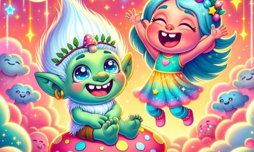 Um troll amigável, com pele verde-clara, olhos brilhantes e um grande sorriso, está sentado em uma nuvem fofinha, rindo alegremente. Ele usa um pequeno chapéu em forma de cogumelo e roupas feitas de folhas. Ao lado dele, uma menina de 7 anos, com cabelos azuis e olhos brilhantes, salta de alegria em outra nuvem, com os braços levantados para o céu. Ela veste um vestido colorido adornado com estrelas cintilantes. O local é um reino flutuante, com nuvens macias de diferentes formas, estrelas brilhantes em um céu coral e arco-íris se formando no horizonte. A cena principal mostra o troll e a menina se divertindo juntos, rindo e brincando nas nuvens, cercados por luzes cintilantes e uma atmosfera mágica.