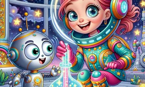 Em primeiro plano, uma menina de 10 anos chamada Luna, com cabelos cor de rosa e olhos brilhantes de curiosidade, sorri entusiasticamente enquanto segura um frasco brilhante cheio de uma poção mágica. Ela veste um traje espacial colorido, decorado com padrões de estrelas e planetas, e está na ponta dos pés, pronta para compartilhar sua descoberta. Ao seu lado, Zippy, um robô divertido com corpo prateado e braços longos, faz uma careta cômica, seus olhos brilhantes piscando de alegria. Ele está um pouco mais baixo que Luna, inclinando-se para admirar o frasco. Ao fundo, a estação espacial Brilhante ergue-se majestosa, com paredes cintilantes e janelas em forma de estrelas, cercada por um céu estrelado e planetas coloridos. Plantas luminosas crescem ao redor deles, adicionando um toque de magia ao ambiente. A cena principal mostra Luna e Zippy celebrando a criação da poção mágica que pode dar vida às suas invenções, cercados por uma aura luminosa que simboliza a magia e a ciência se encontrando em sua aventura.