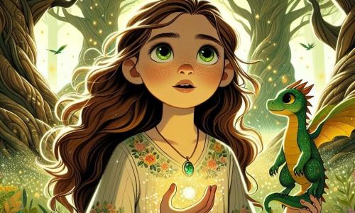 No centro da imagem, uma menina de 12 anos, Clara, está com um olhar determinado e maravilhado. Ela tem cabelos longos e ondulados, olhos curiosos e usa um vestido simples de tecido leve com padrões florais. Clara segura um amuleto brilhante na mão, iluminando seu rosto com uma suave luz dourada. Ao seu lado, um pequeno dragão chamado Drako, com escamas verdes cintilantes e grandes olhos travessos, bate as asas com excitação, pronto para acompanhá-la na aventura. Ao fundo, a Floresta Encantada se estende majestosa, com árvores gigantescas e folhas verdes vibrantes. Raios de sol atravessam as folhas, criando padrões de luz dançantes no chão coberto de flores coloridas e samambaias. Pássaros de plumagens brilhantes voam entre os galhos, acrescentando um toque de magia à atmosfera. A cena principal mostra Clara e Drako se preparando para enfrentar um caminho sinuoso em direção às Montanhas Misteriosas, onde uma sombra ameaçadora se perfila no horizonte. Clara, cheia de coragem, avança com um passo decidido, enquanto Drako se mantém pronto para protegê-la, simbolizando a amizade e a aventura que os aguardam.