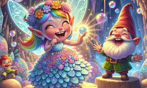 No centro da imagem, uma pequena fada chamada Lila, com asas brilhantes de cor azul cintilante e cabelos em arco-íris, ri alto, seus olhos brilhando de alegria. Ela usa um vestido feito de pétalas de flores multicoloridas e segura uma pedra brilhante nas mãos, emitindo raios de luz. Ao lado dela, um pequeno gnomo chamado Tico, com cerca de 8 anos, usando um grande chapéu que esconde seus olhos travessos, dança fazendo caretas hilárias. Ele tem uma barba ruiva e veste um traje de veludo verde, posando sobre uma pedra, pronto para fazer Lila rir ainda mais. O cenário é uma magnífica caverna dentro da Montanha do Riso, com paredes cintilantes de cristais coloridos e flores que parecem rir, emitindo sons alegres. Bubbles de sabão flutuam ao redor, criando uma atmosfera mágica e festiva. A cena principal mostra Lila e Tico fazendo rir o Guardião da Risada, uma grande criatura de barriga redonda, deitada no chão, rindo alto, cercada de bolhas e risadas, enquanto a luz da pedra de Lila ilumina a cena.