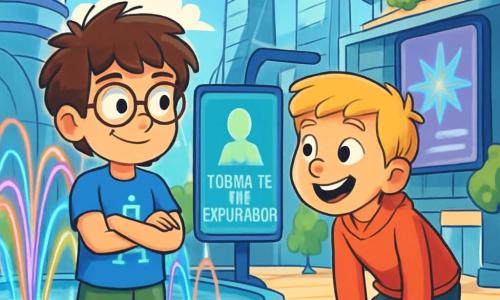 Há 2 personagens principais: - Pedro: um garoto de 10 anos, com cabelo castanho bagunçado e óculos redondos. Ele usa uma camiseta azul com um desenho de robô e um short verde. Está em pé, com os braços cruzados, exibindo um sorriso curioso. - Lucas: um garoto de 10 anos, com cabelo loiro e olhos brilhantes. Ele veste um moletom vermelho e uma calça preta. Está ligeiramente inclinado para frente, com as mãos nos joelhos, pronto para ouvir com entusiasmo. O cenário principal é a praça central de Nova Lúmens, cercada por edifícios futuristas de vidro e metal, brilhando sob o sol. Fontes coloridas dançam ao som da música, projetando jatos de água em forma de arco-íris. Drones voam acima das cabeças e jardins suspensos decoram as varandas dos prédios. Telas holográficas exibem mensagens luminosas e animadas. A situação principal mostra Pedro e Lucas, intrigados por uma mensagem misteriosa em uma tela gigante, que os convida a se tornarem exploradores. Eles trocam olhares animados, no centro da praça, cercados pela efervescência da cidade futurista.