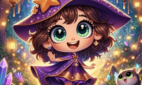 In the center of the image, Lila, a 10-year-old witch, stands with a radiant smile. She has large sparkling green eyes and curly, tousled brown hair that dances around her. She wears an oversized purple hat adorned with a golden star and a shimmering cape that reflects the colors of the night. Joyfully dancing with her arms raised, she is surrounded by a glowing aura of magic. Next to her, Fluff, her mischievous gray cat with sparkling eyes, sits on Lila's shoulder, curiously watching the surrounding lights. In the background, Spark, a small iridescent dragonfly, flits around them, her wings shimmering brightly as she seems to guide Lila toward the magic of the moment. The scene takes place in the Cave of Echoes, an enchanting place filled with sparkling crystals and shimmering lights. The cave walls are adorned with natural patterns, and a soft reflection of stars illuminates the space, creating a fairy-tale atmosphere. Lila, full of joy and excitement, dances in the cave, ready to solve the final puzzle to find the starry crystal, while magical sparks float around her, symbolizing adventure and discovery.